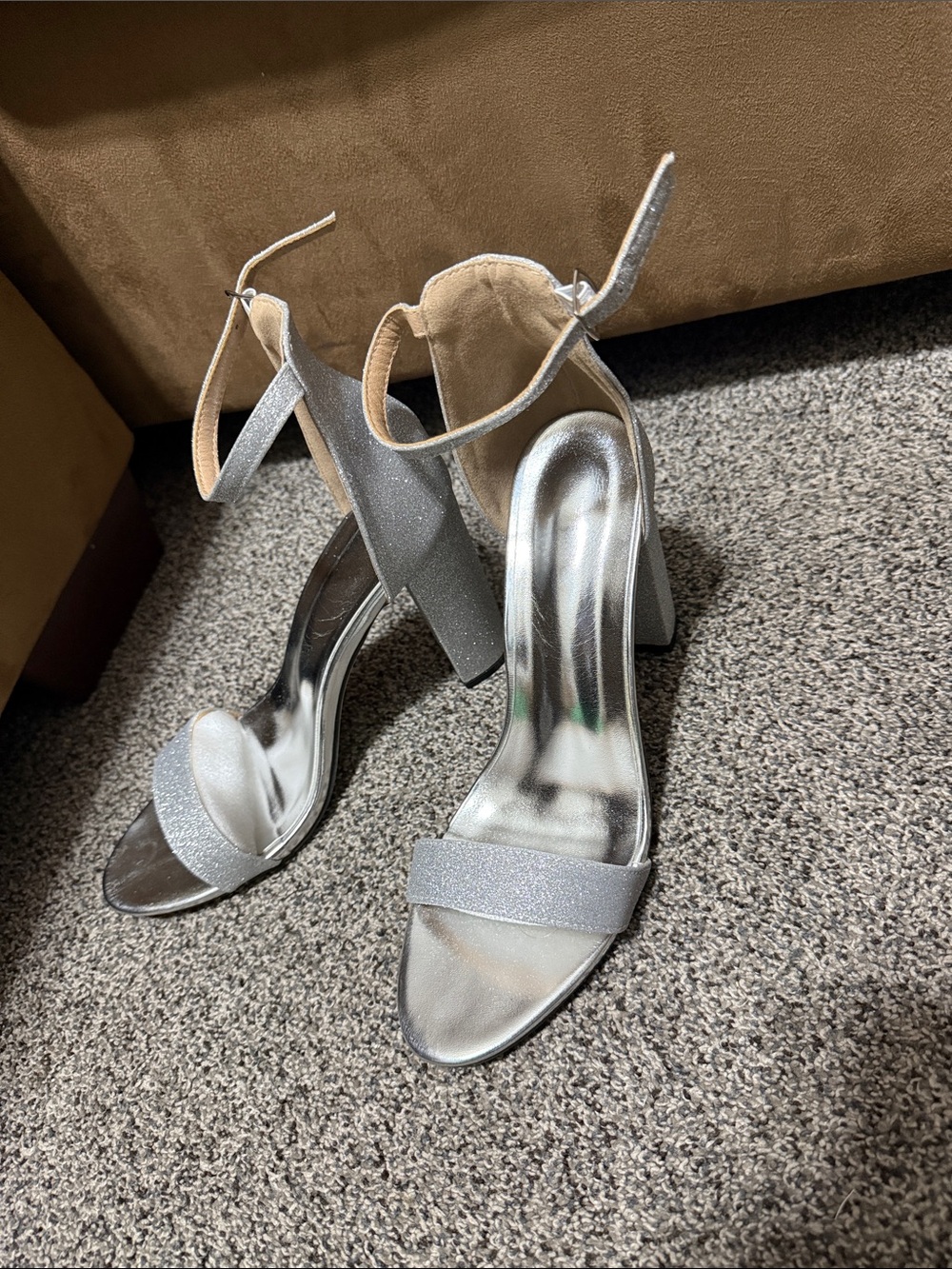Women’s Glitter Silver Ankle-Strap Block Heel